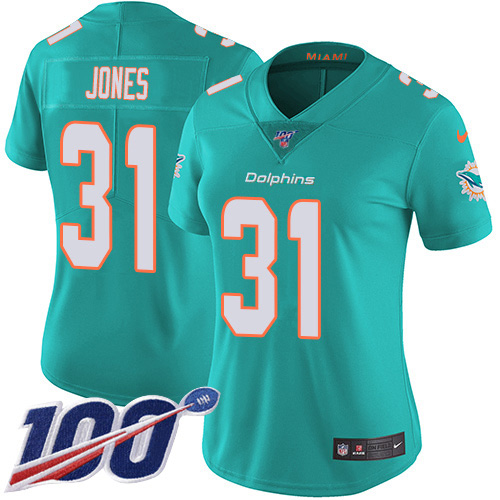 Nike Miami Dolphins #31 Byron Jones Aqua Green Team Color Women Stitched NFL 100th Season Vapor Untouchable Limited Jersey->women nfl jersey->Women Jersey